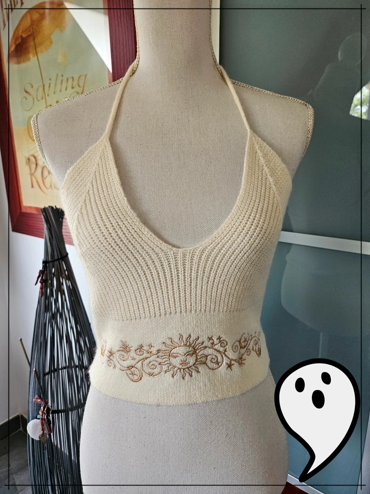 Haut dos nu en maille écru bohème Y2K – T. S broderie soleil